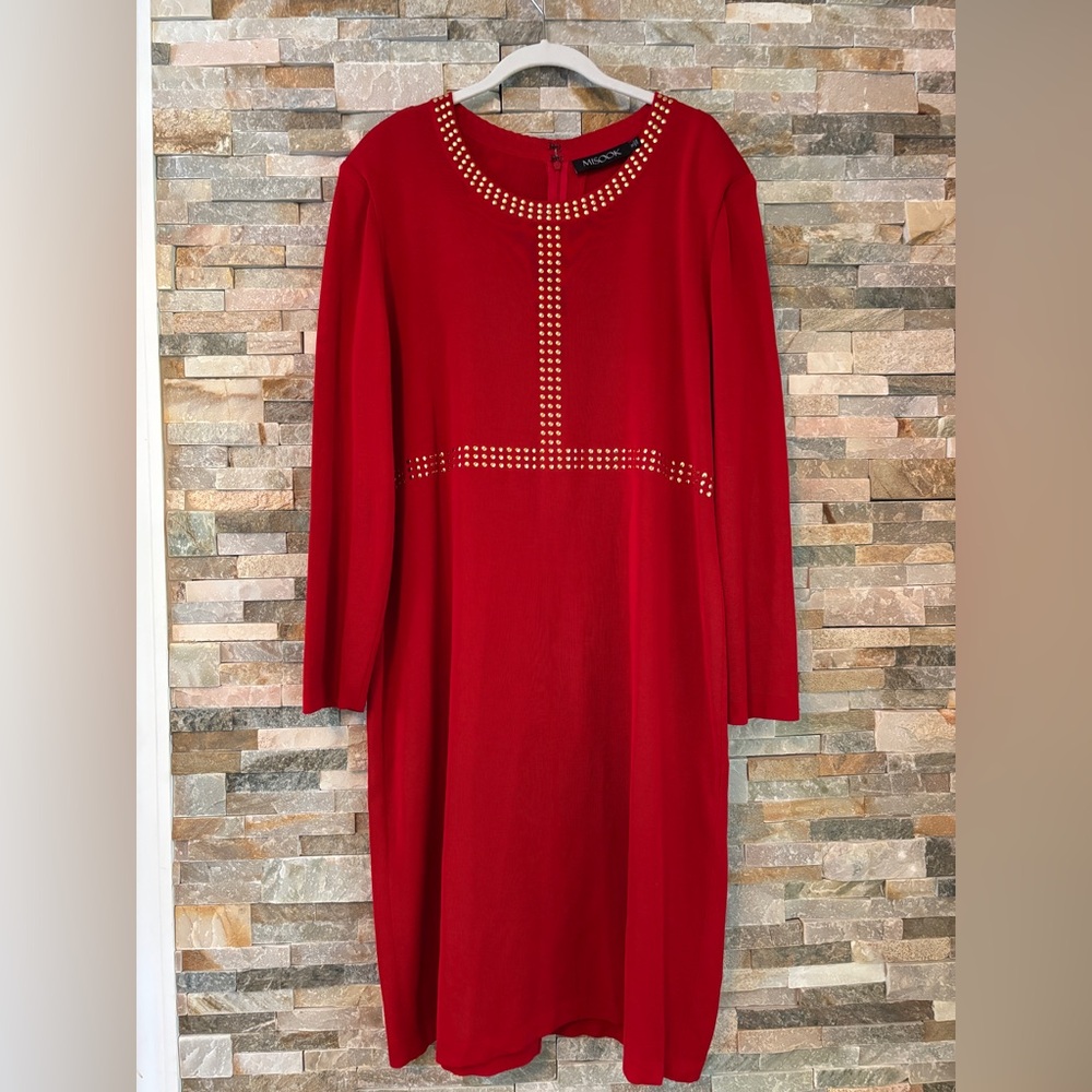 Misook Red Long Sleeve Dress with Studded Accents